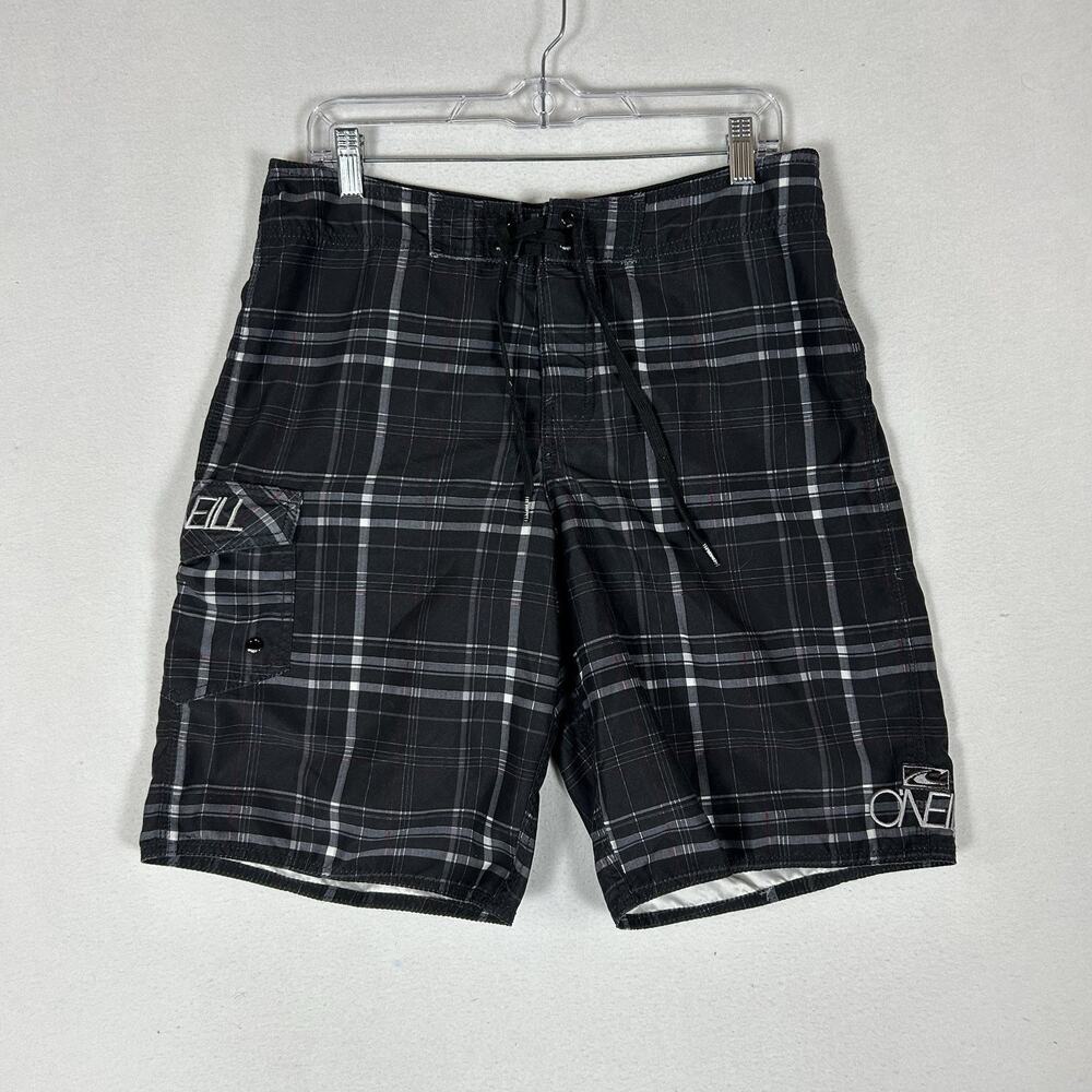 Oneill Board Shorts Mens Medium Black Gray Plaid Casual Beach Surf Swim Trunk